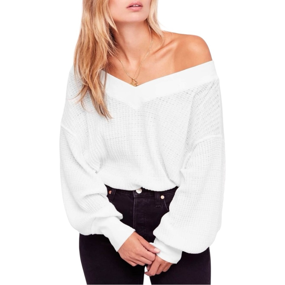 Free People We The Free South Side Thermal Top White Oversized Waffle Knit XS